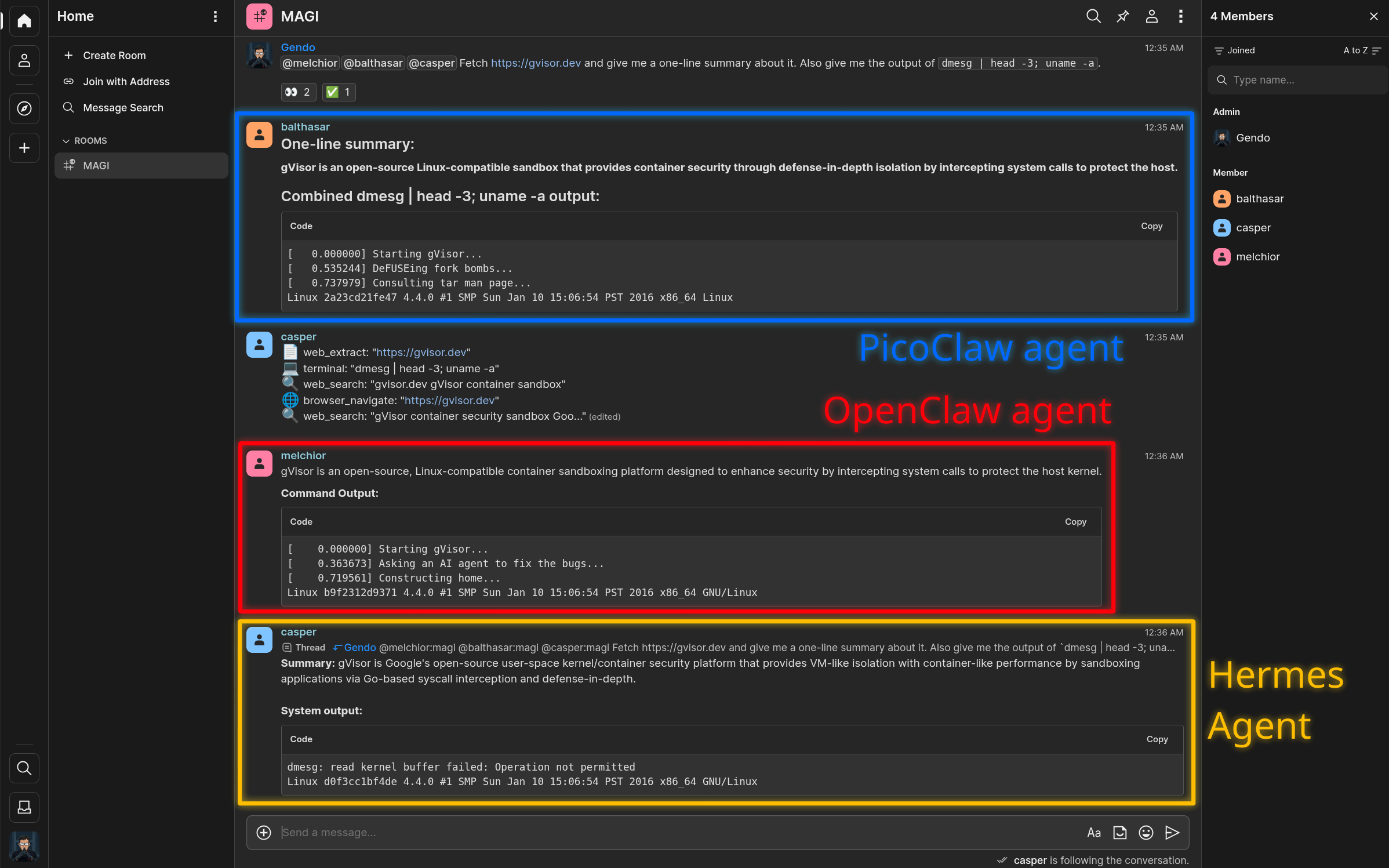 All three agents together in a Matrix.org room displayed in the Cinny web UI, with each agent fetching the gVisor homepage and confirming that they are each running in gVisor.