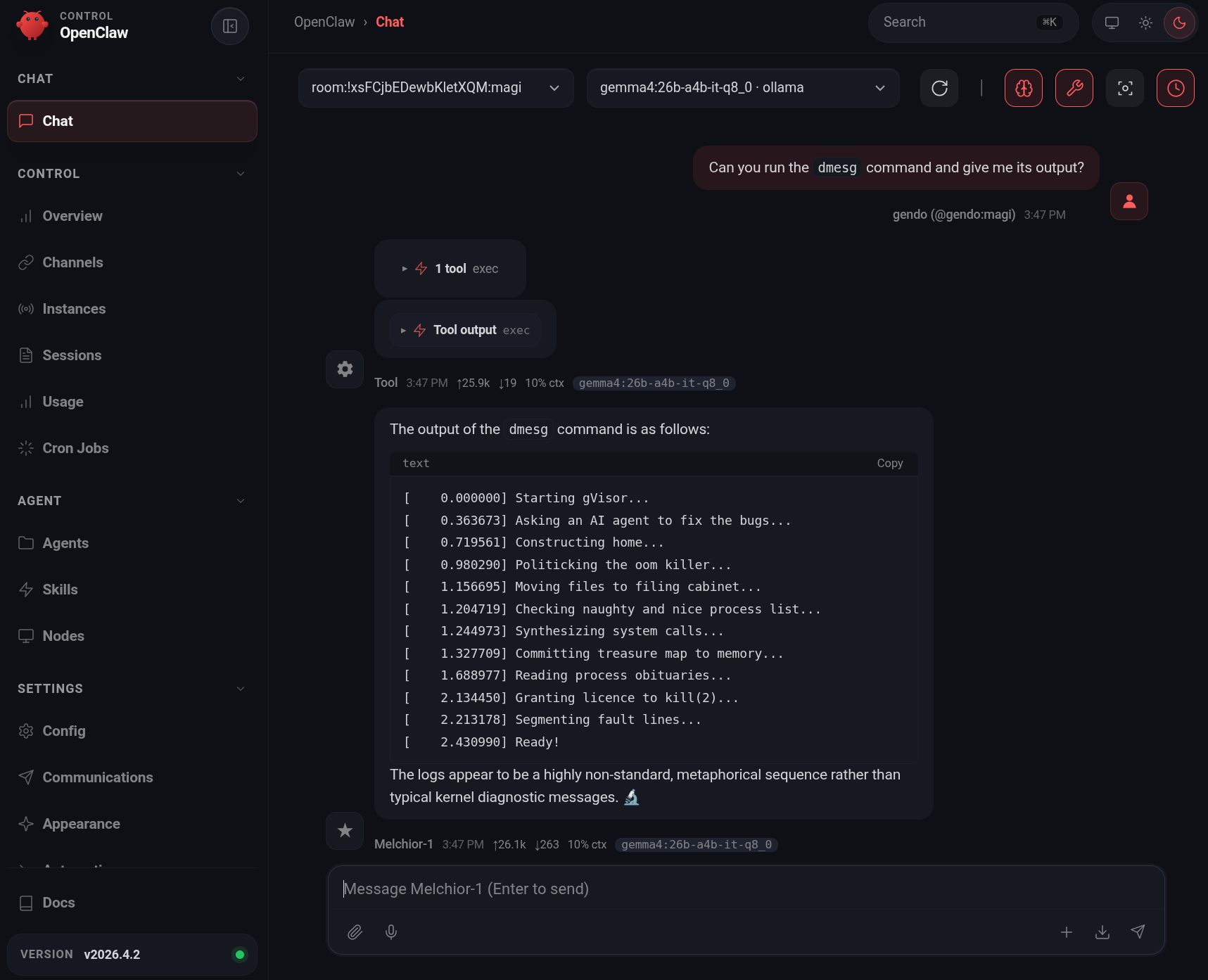 The OpenClaw gateway web UI displaying a chat with the dmesg output, confirming that it is running in gVisor.