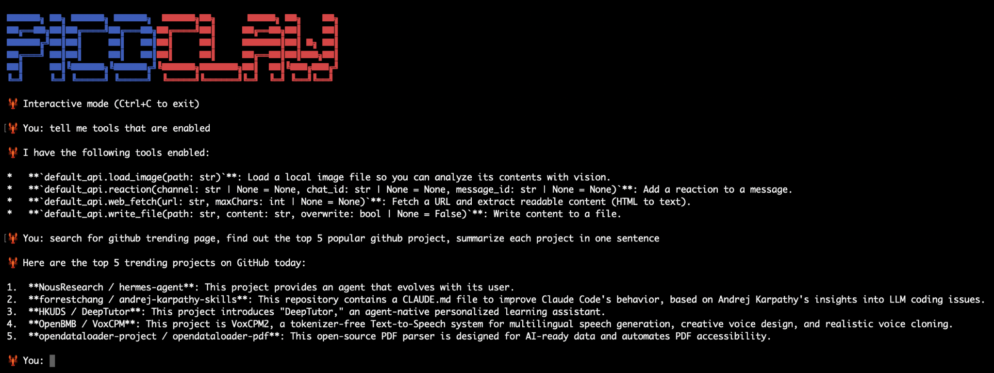 PicoClaw starting up and being tasked with looking up the top trending GitHub repositories that day.
