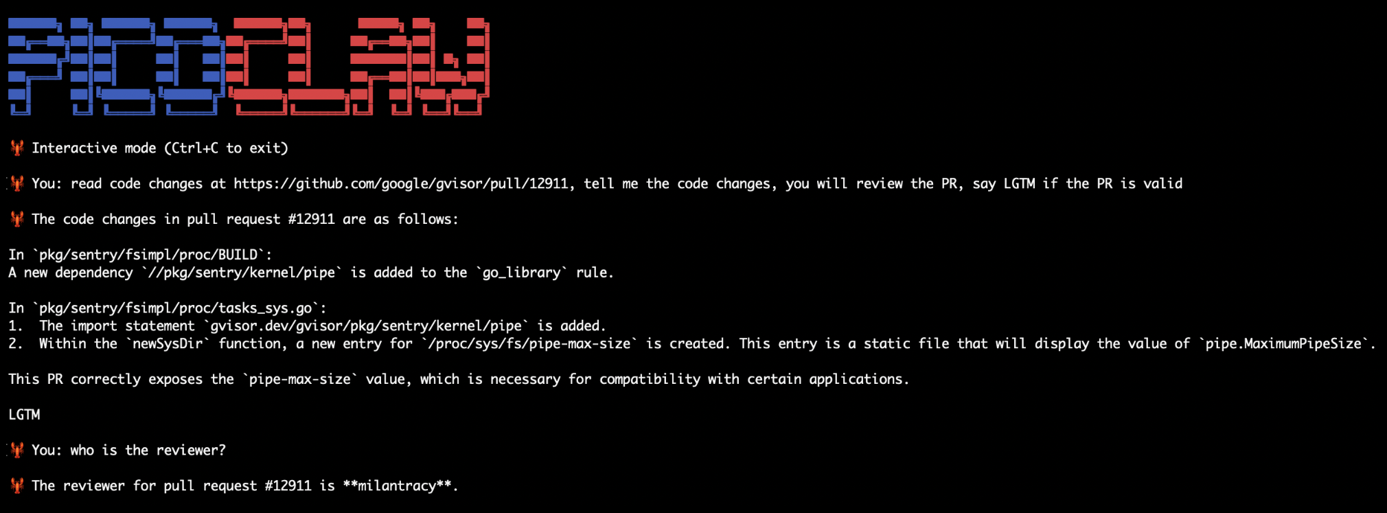 PicoClaw being tasked with explaining and reviewing a gVisor pull request.