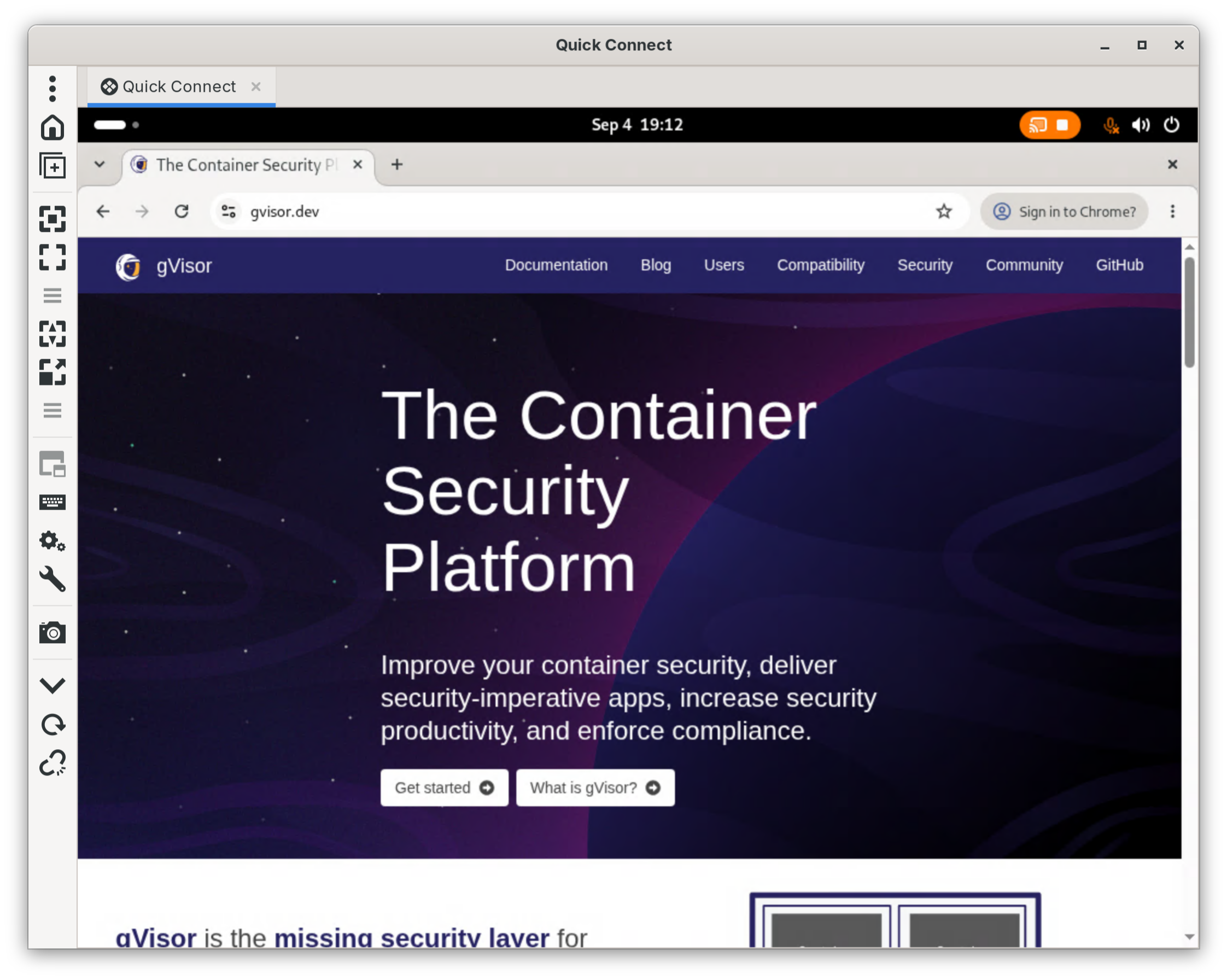 Google Chrome running on GNOME in gVisor, showing the gVisor homepage.