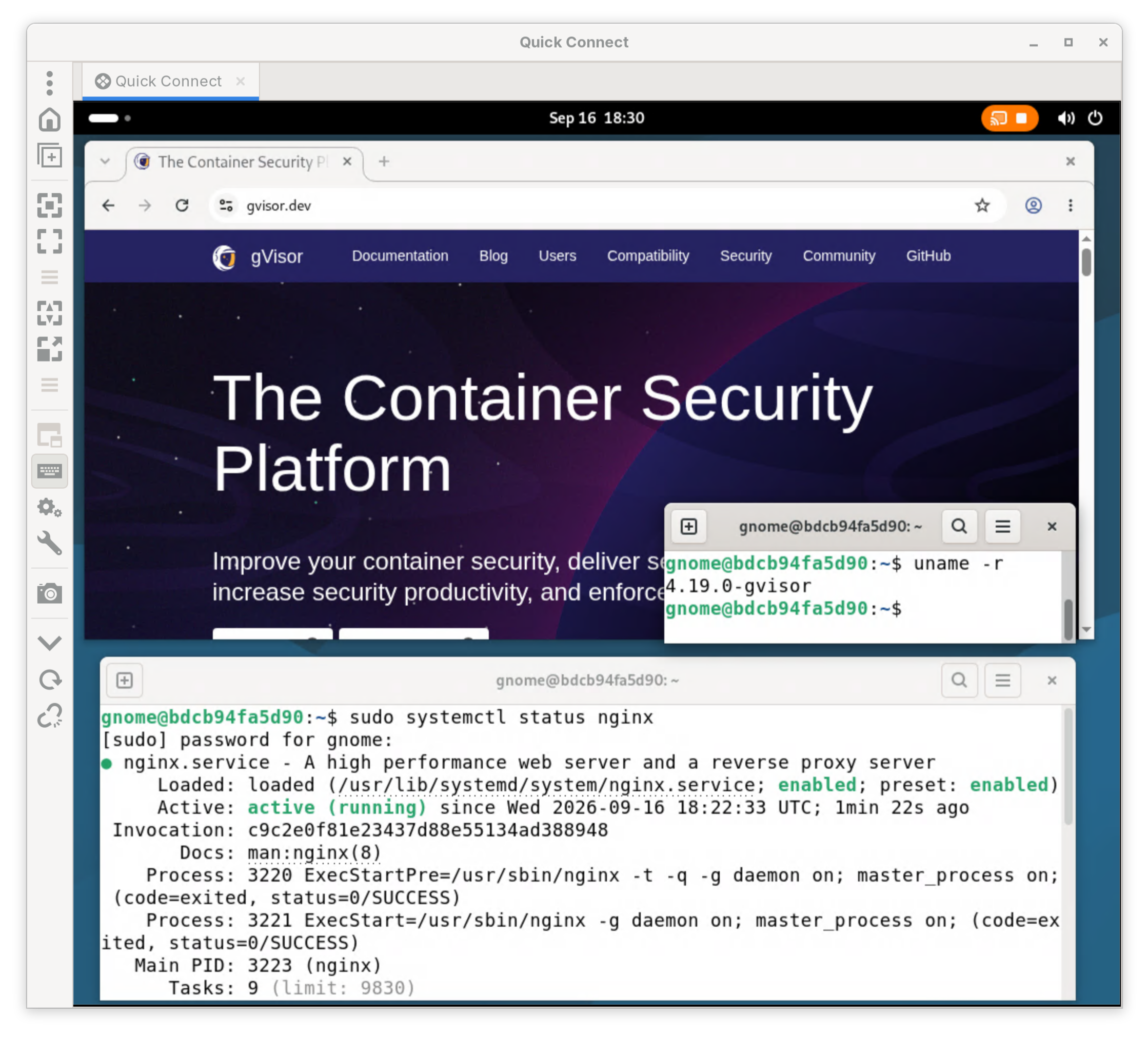 GNOME running under systemd in gVisor, with the gvisor.dev website, uname showing 4.19.0-gvisor, and the status of the nginx service all visible.