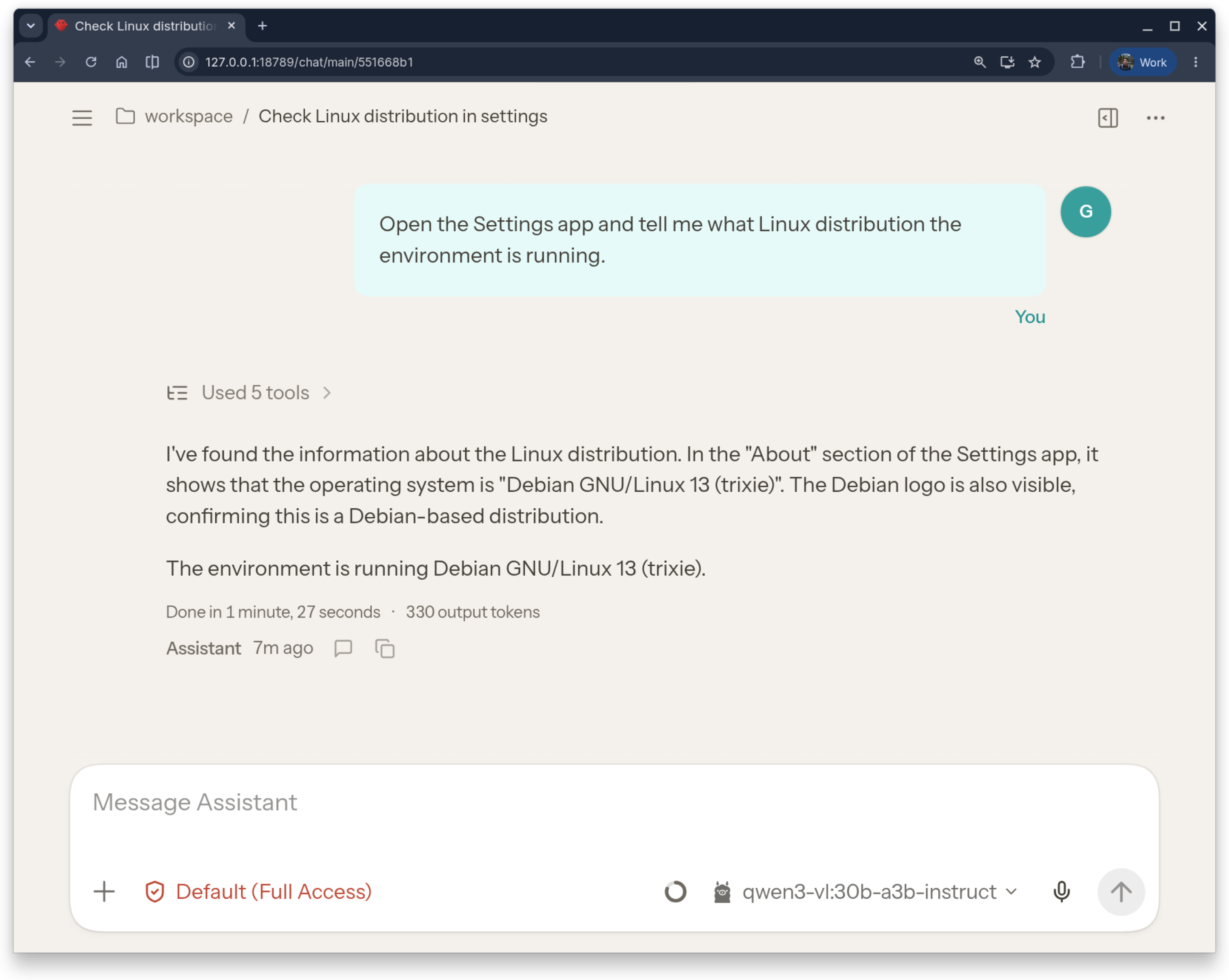 An OpenClaw session where the agent has fetched the running version of Debian and sent a screenshot of the settings page as proof.