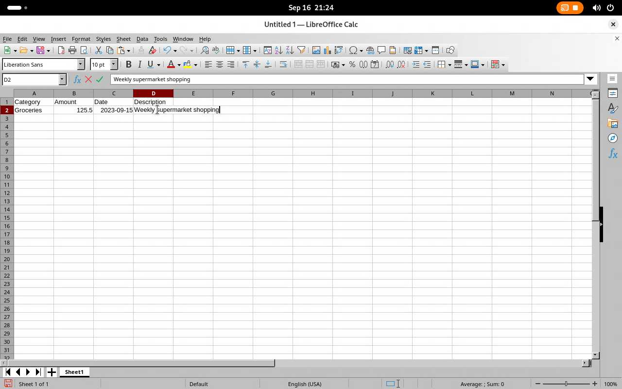 A LibreOffice Calc spreadsheet with columns for Category, Amount, Date, and Description, along with a single example transaction row.
