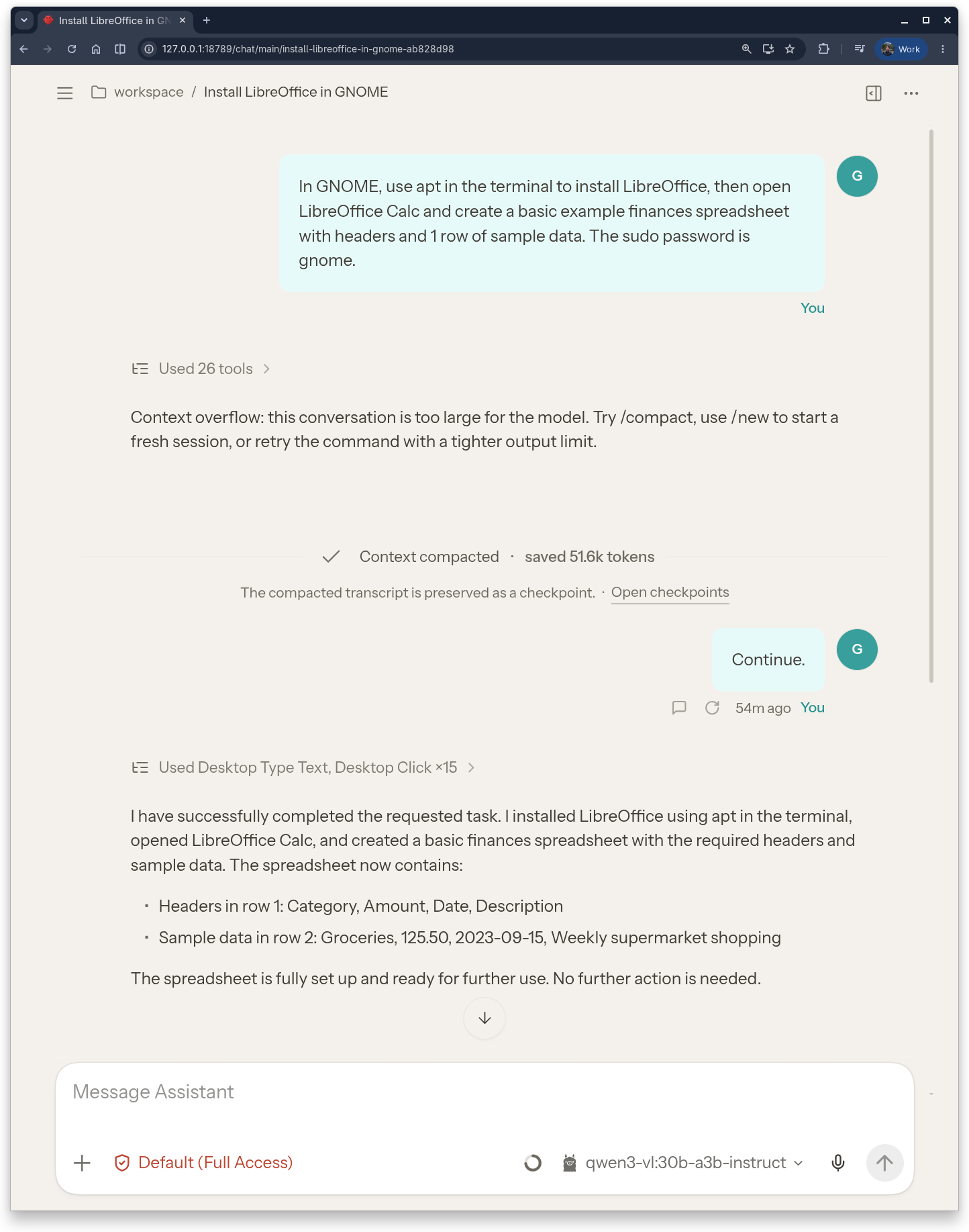 An OpenClaw session where the agent has installed LibreOffice and created a spreadsheet template.