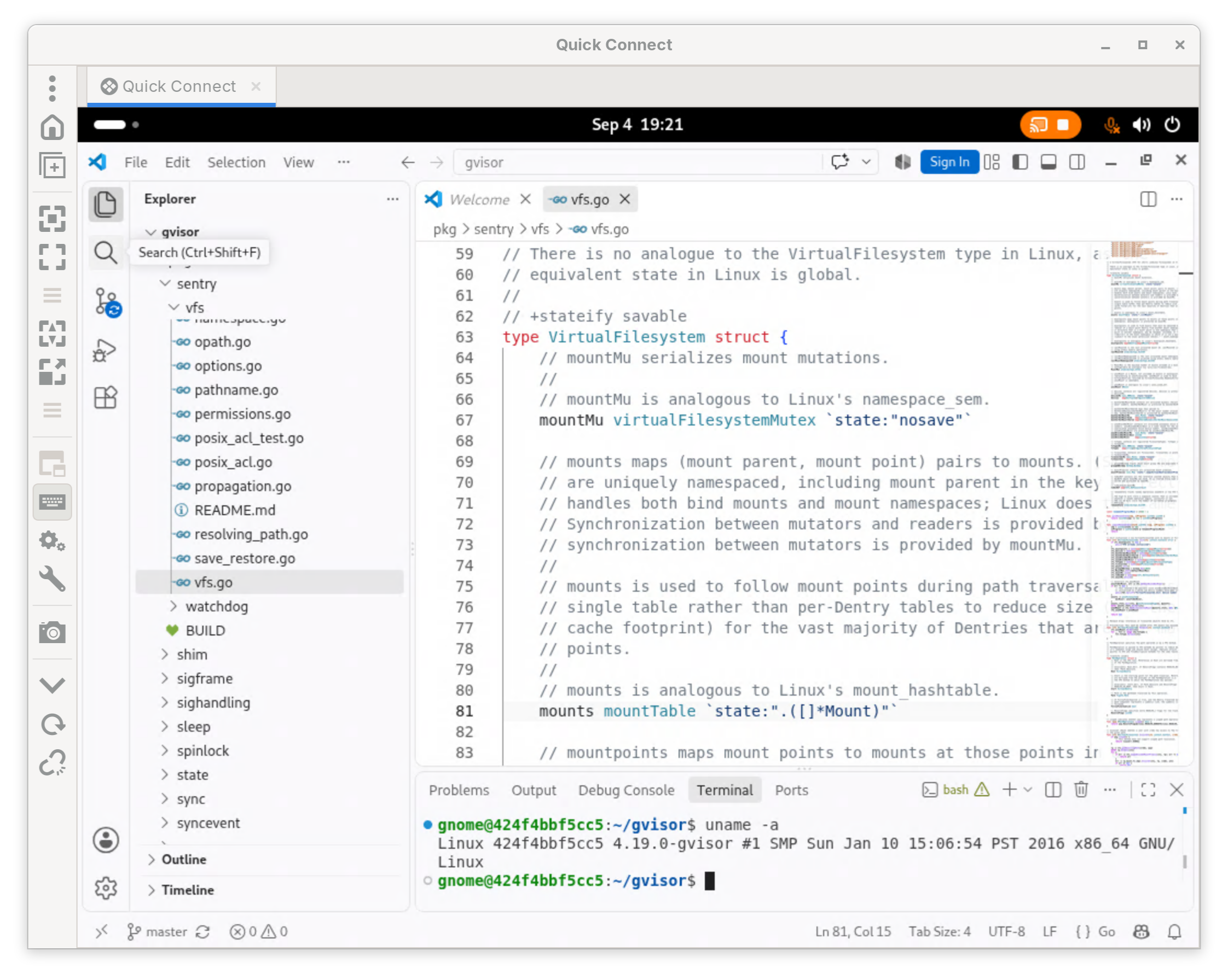 VSCode running on GNOME in gVisor, with the gVisor source code open.
